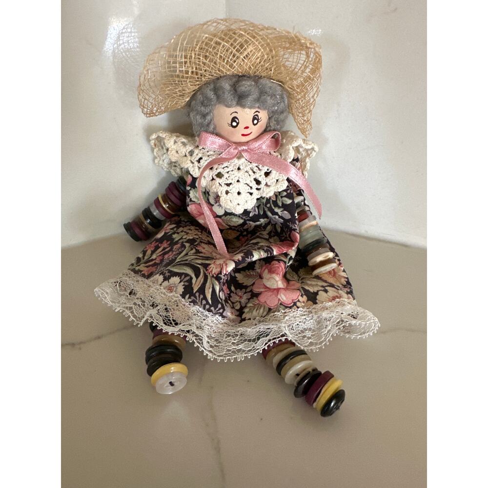 Vintage Handmade Farm House Button Doll- Shelf Sitter-Ornament